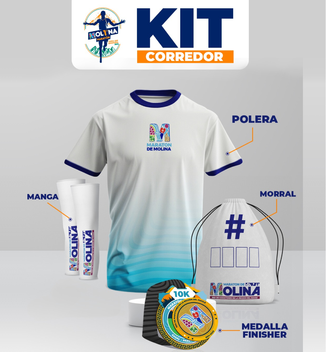 Kit de corredor que incluye número de competencia, polera, manguilla, buff y morral